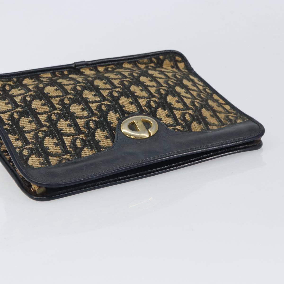 Christian Dior Trotter Canvas Clutch Bag Navy Gold Auth 166635