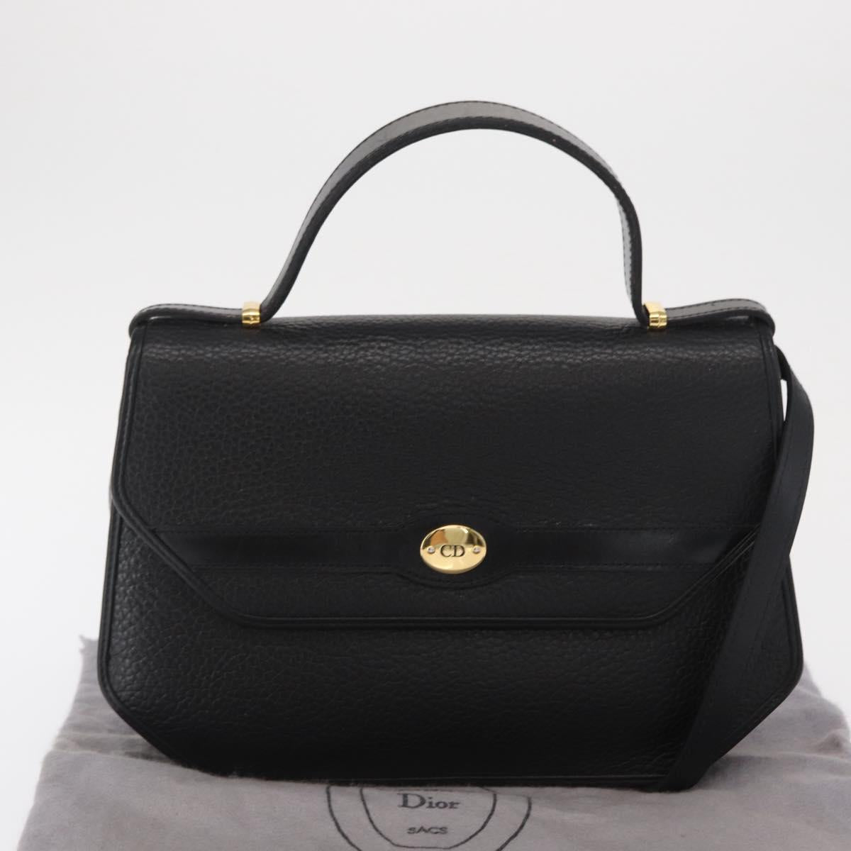 Christian Dior Hand Bag Leather 2way Black Gold Auth 166637