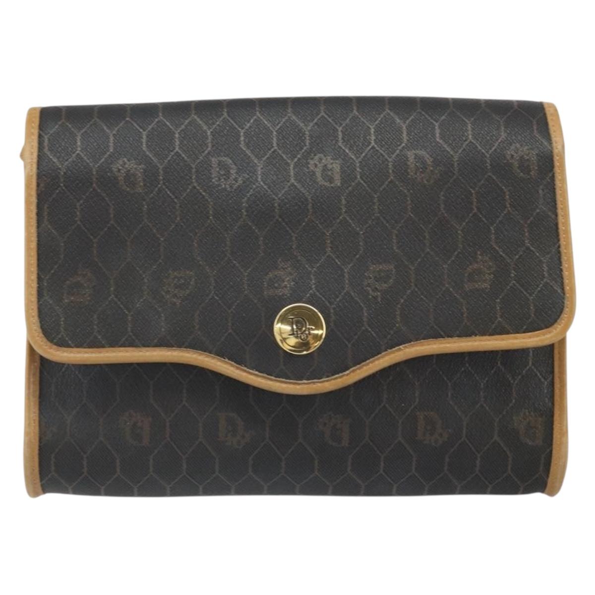 Christian Dior Honeycomb Canvas Shoulder Bag PVC Black Gold Auth 166639