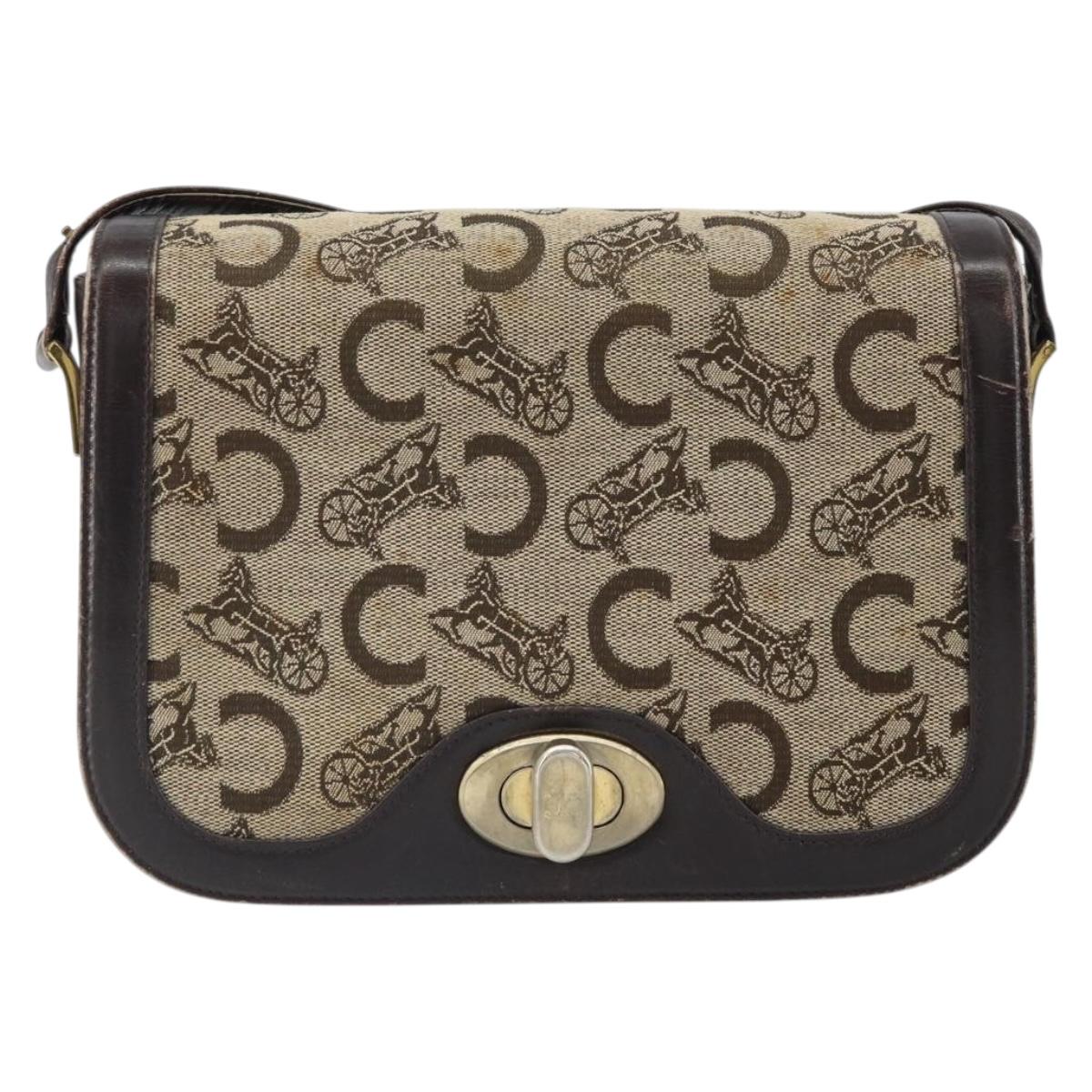 CELINE C Sulky Shoulder Bag Canvas Beige Gold Auth 166644