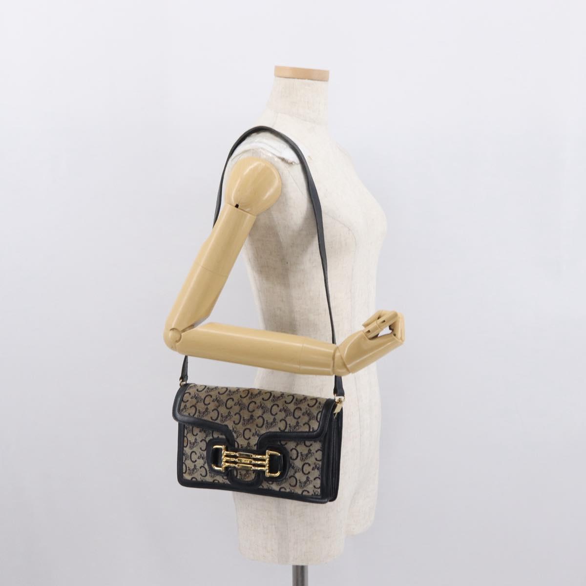 CELINE C Sulky Shoulder Bag Canvas Navy Gold Auth 166645