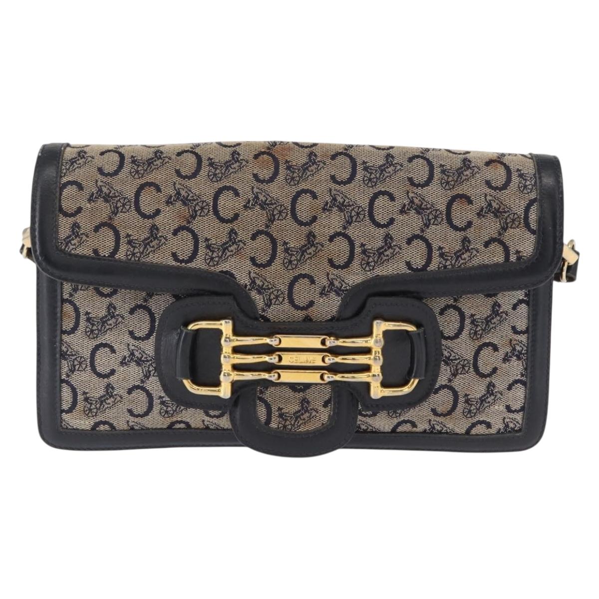 CELINE C Sulky Shoulder Bag Canvas Navy Gold Auth 166645