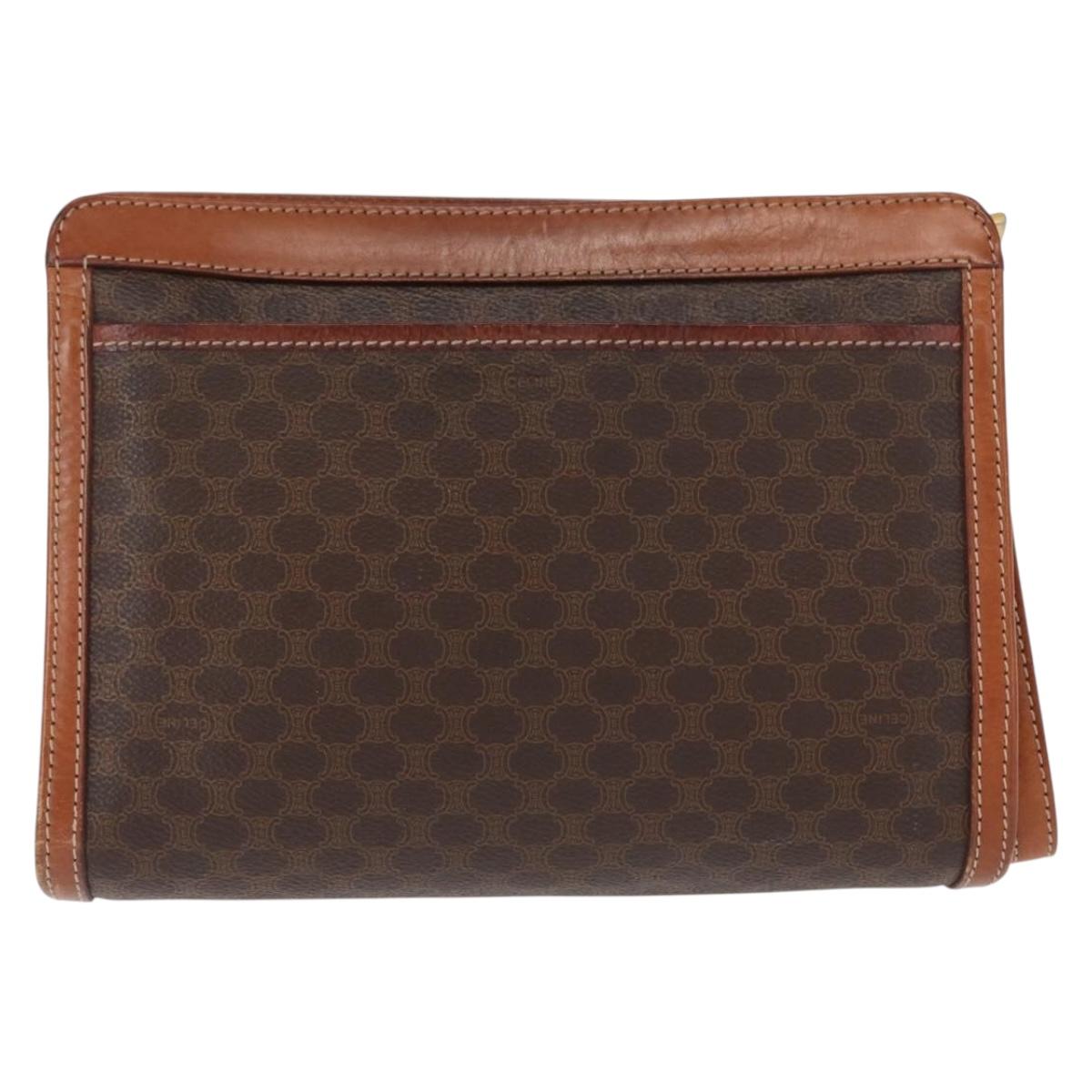 CELINE Macadam Canvas Clutch Bag PVC Brown Gold Auth 166650