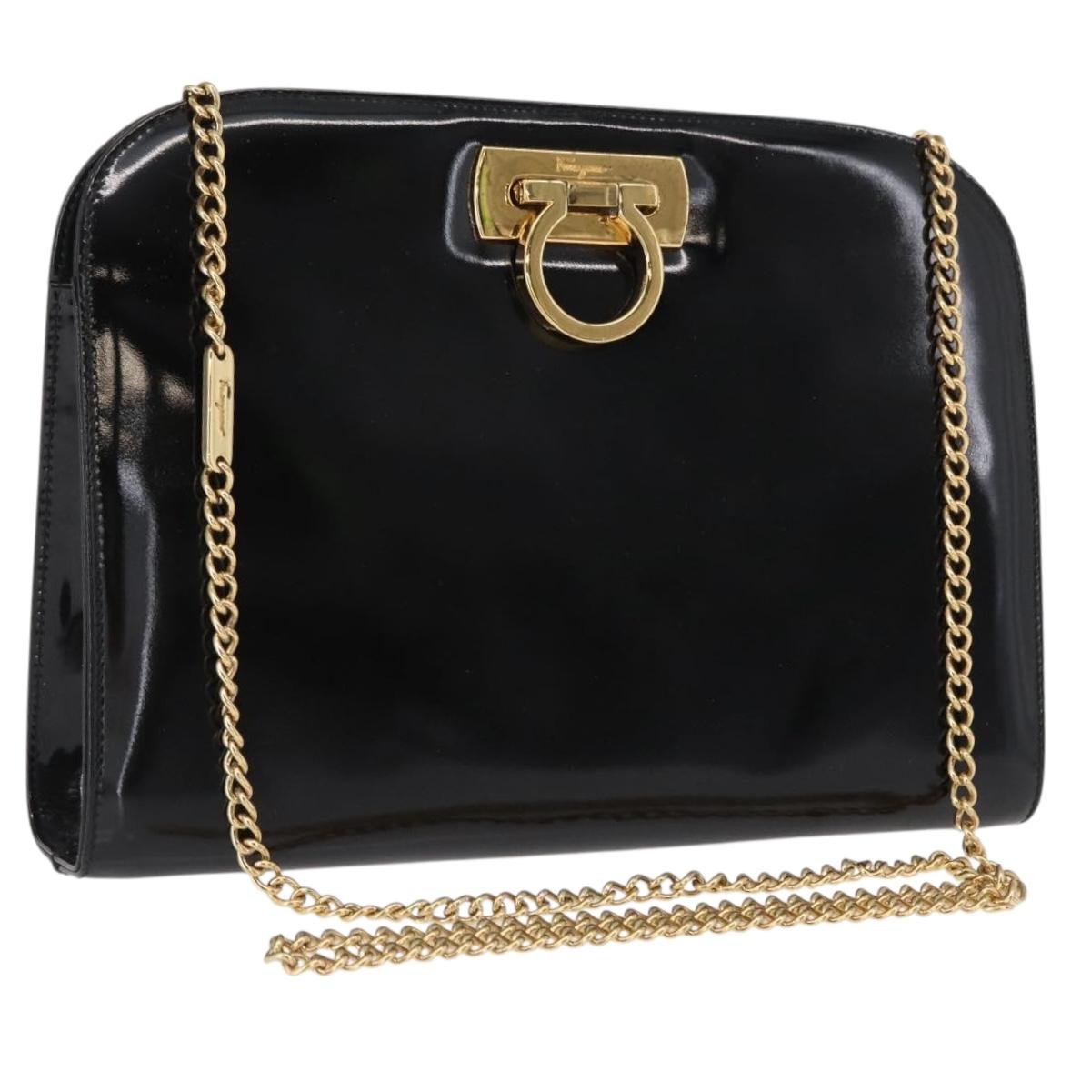 Salvatore Ferragamo Chain Gancini Shoulder Bag Patent Black Gold Auth 166656