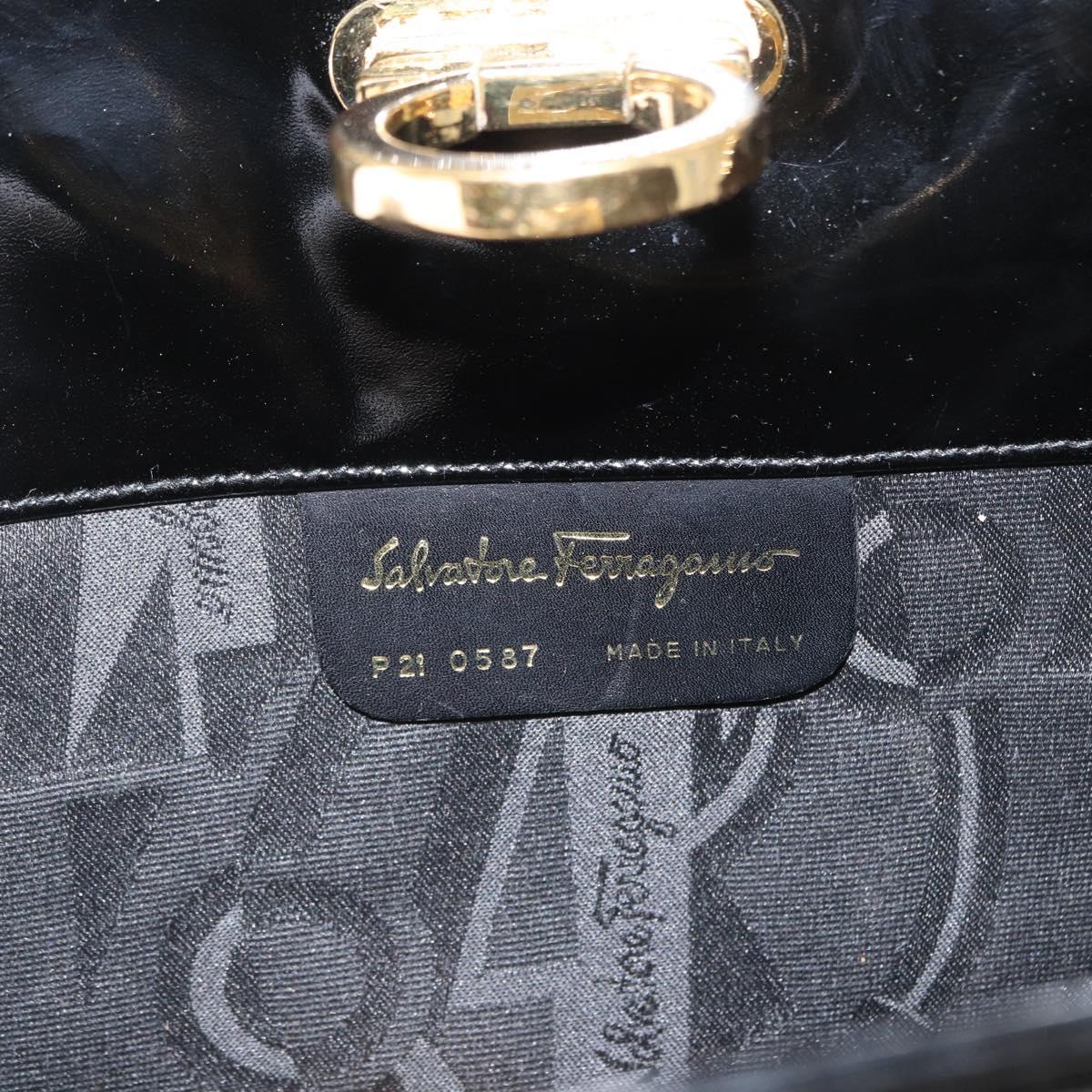 Salvatore Ferragamo Chain Gancini Shoulder Bag Patent Black Gold Auth 166656