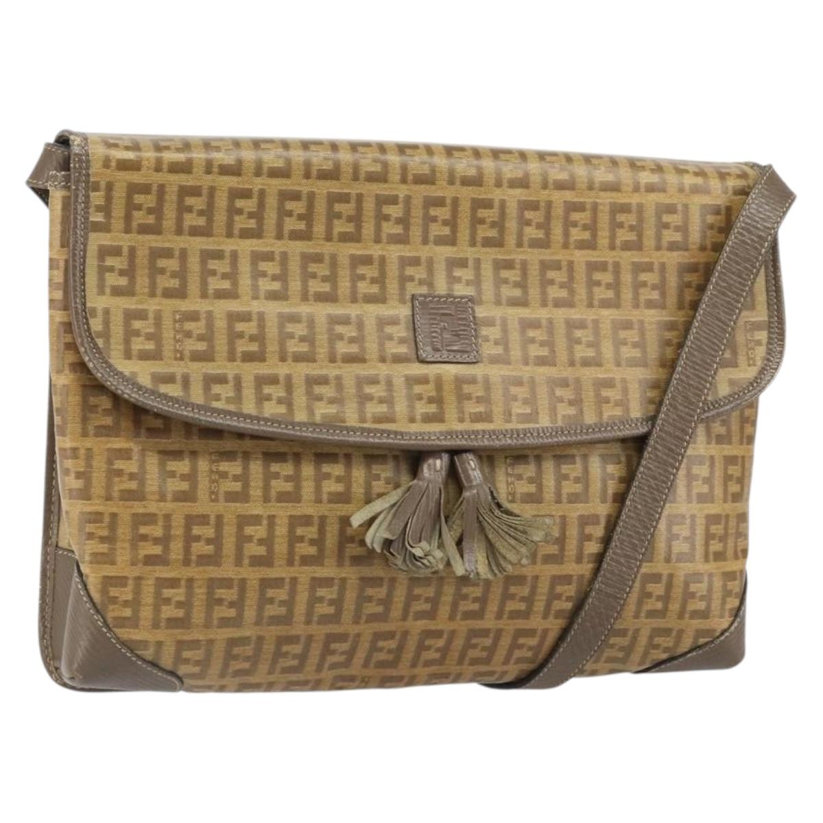 FENDI Zucchino Canvas Shoulder Bag Beige Gold Auth 166663