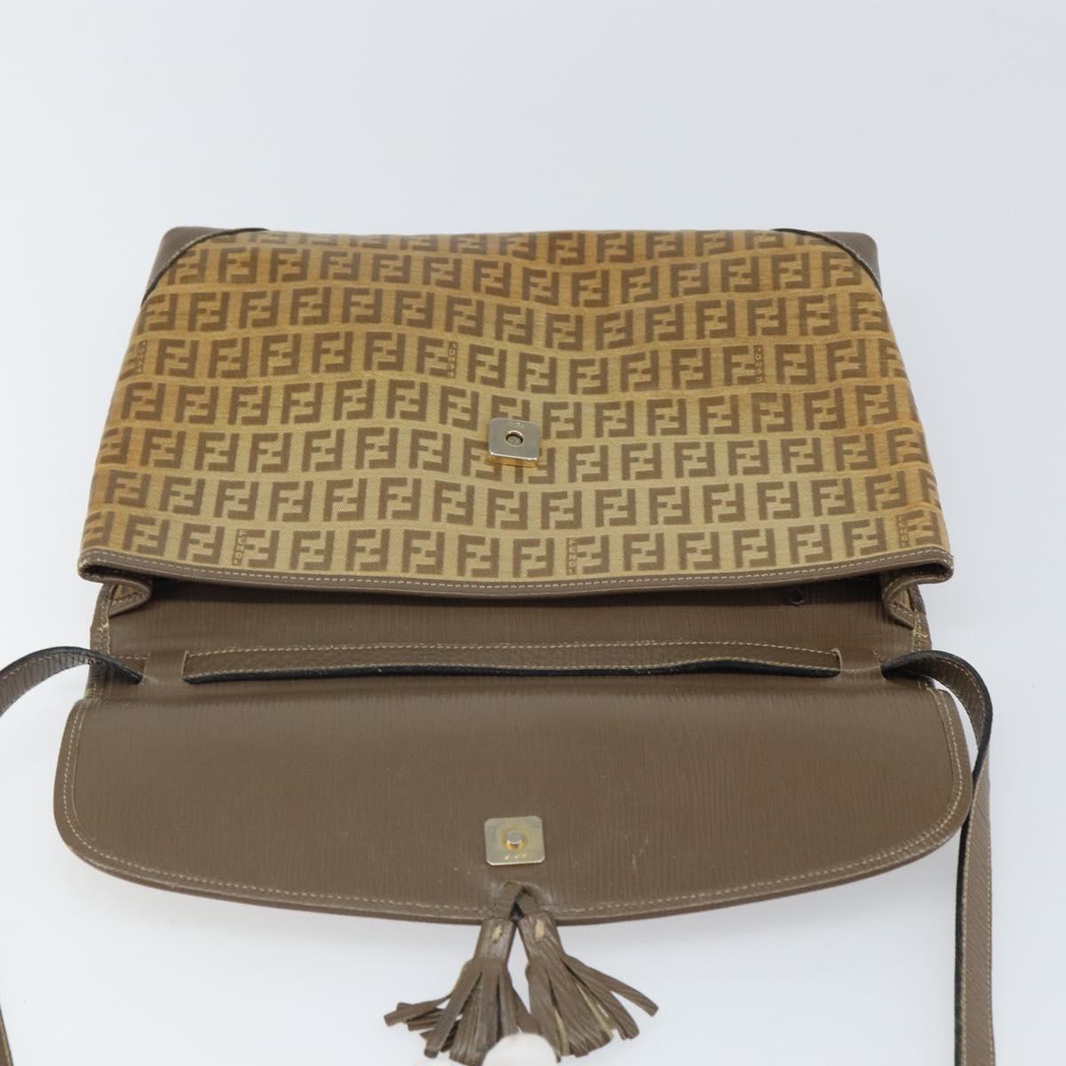 FENDI Zucchino Canvas Shoulder Bag Beige Gold Auth 166663