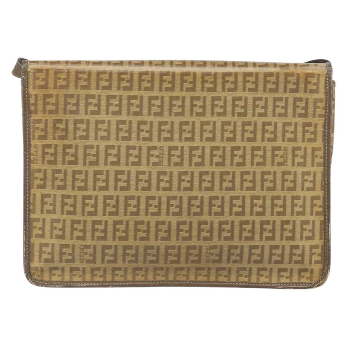 FENDI Zucchino Canvas Shoulder Bag Beige Gold Auth 166663