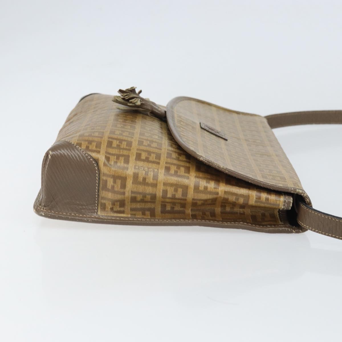 FENDI Zucchino Canvas Shoulder Bag Beige Gold Auth 166663