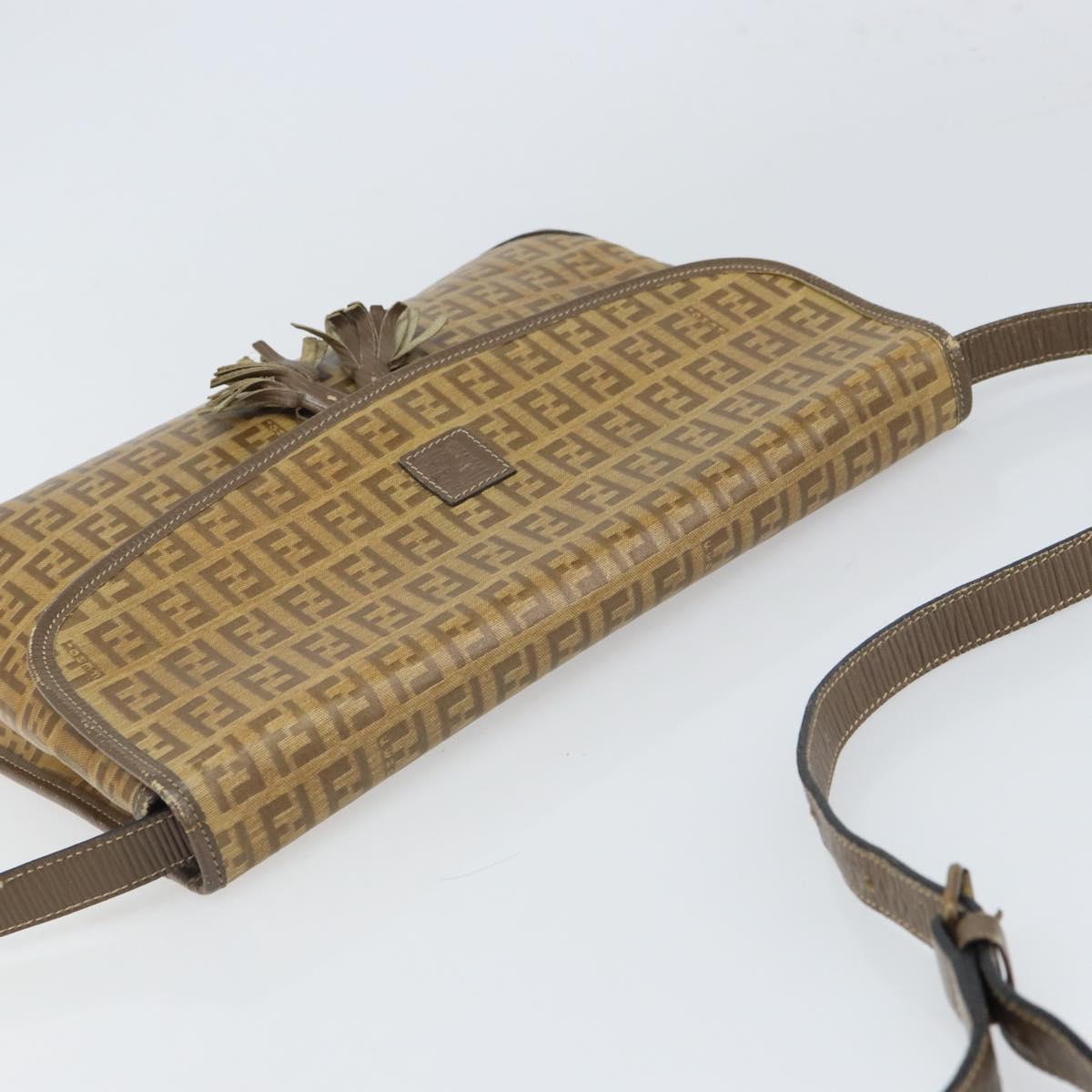 FENDI Zucchino Canvas Shoulder Bag Beige Gold Auth 166663