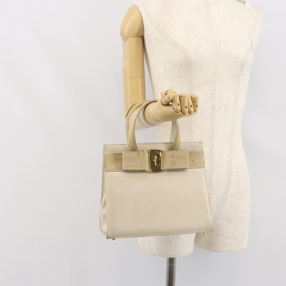 Salvatore Ferragamo Vala Hand Bag Leather White Gold Auth 166678