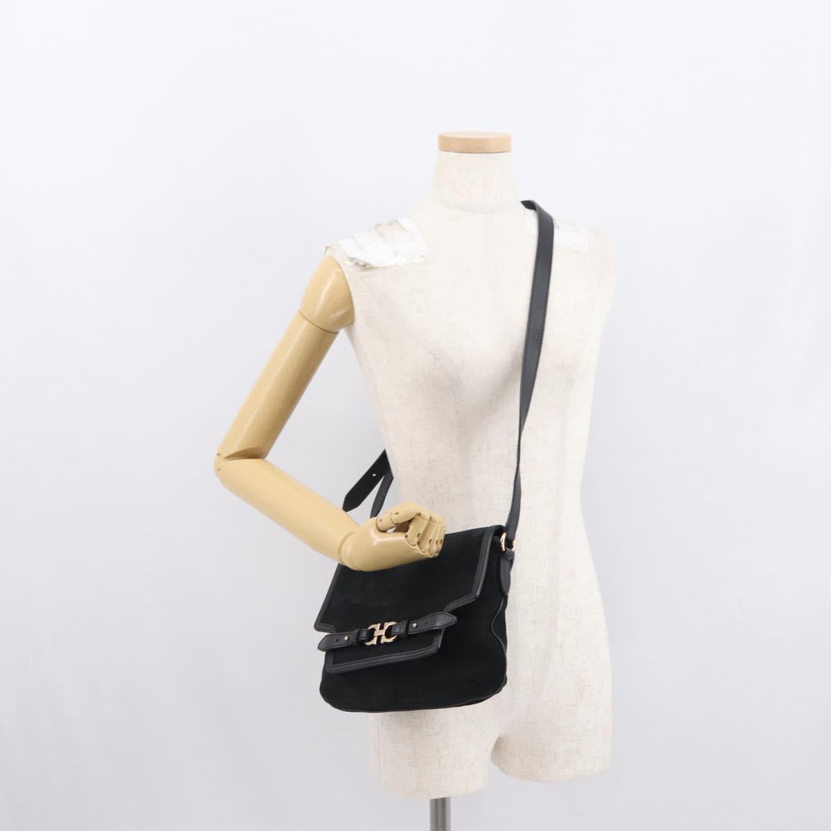 Salvatore Ferragamo Gancini Shoulder Bag Suede Leather Black Gold Auth 166681