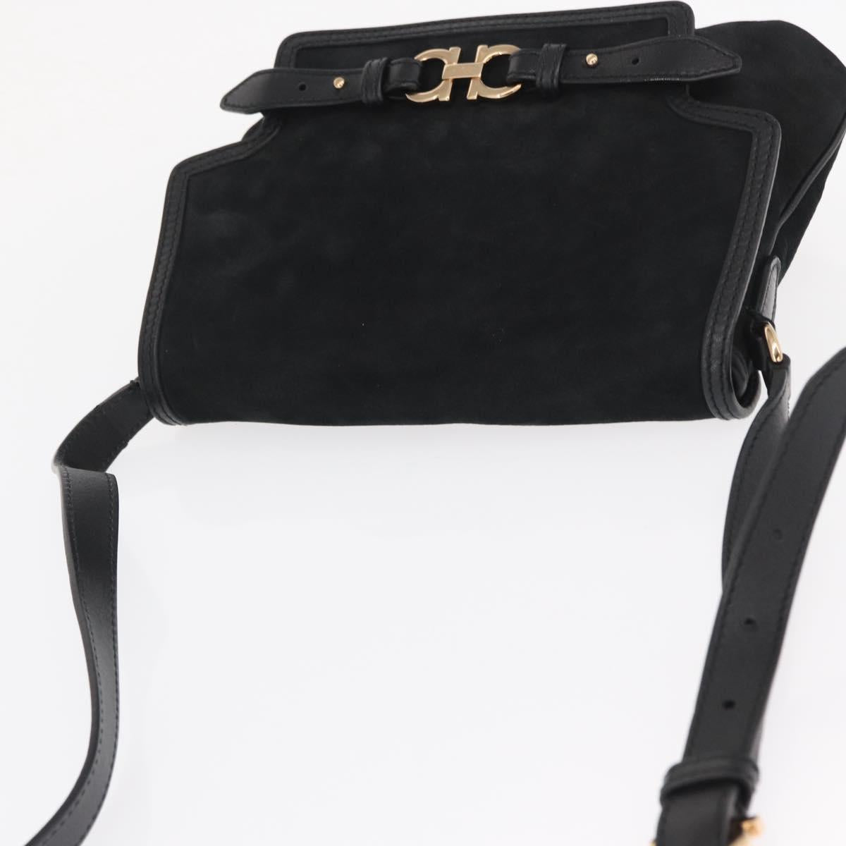 Salvatore Ferragamo Gancini Shoulder Bag Suede Leather Black Gold Auth 166681