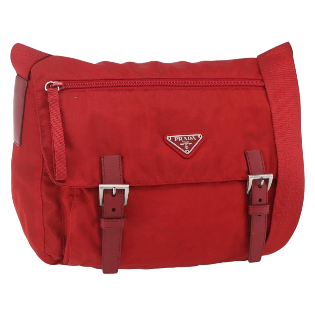 PRADA Shoulder Bag Nylon Red Silver Auth 166685
