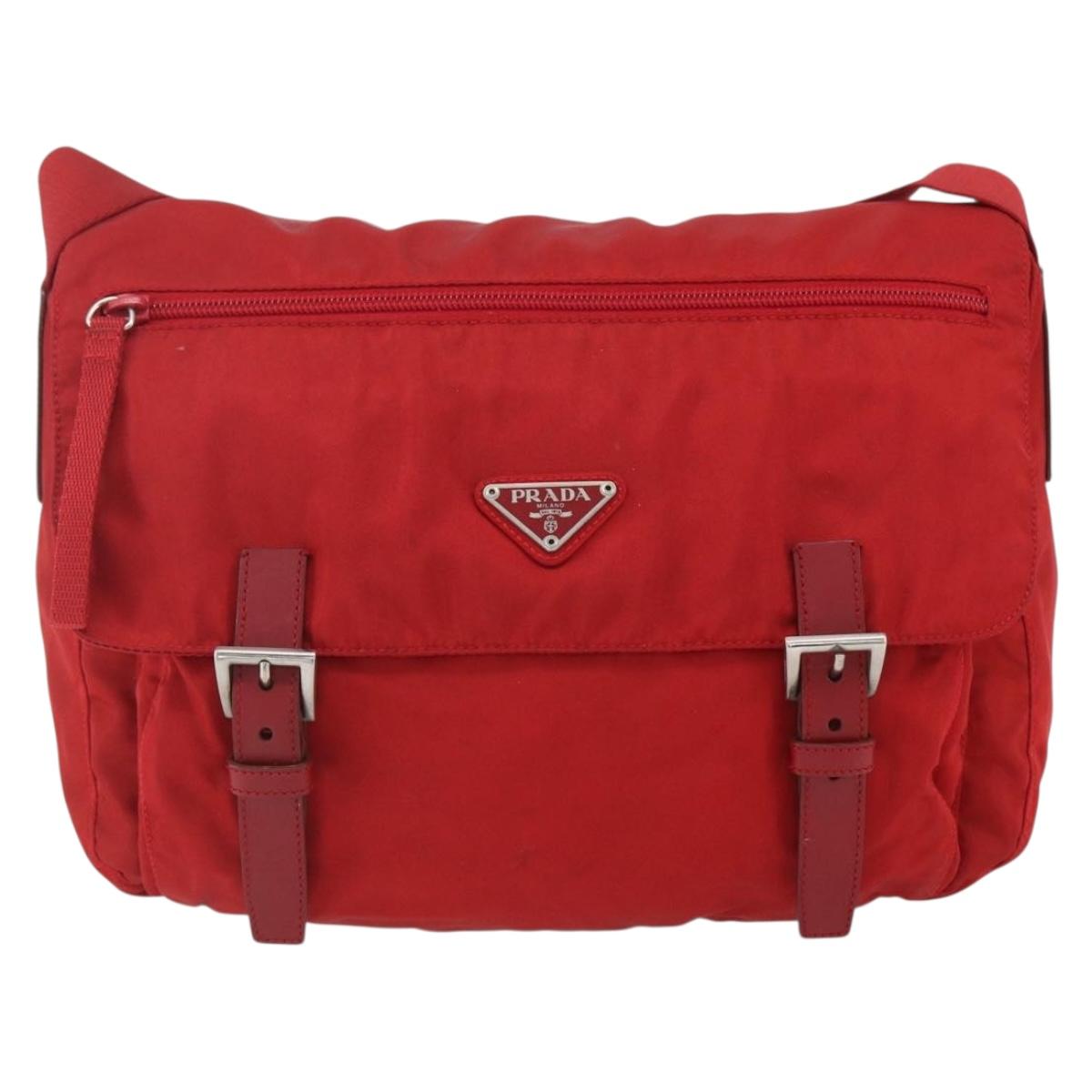 PRADA Shoulder Bag Nylon Red Silver Auth 166685