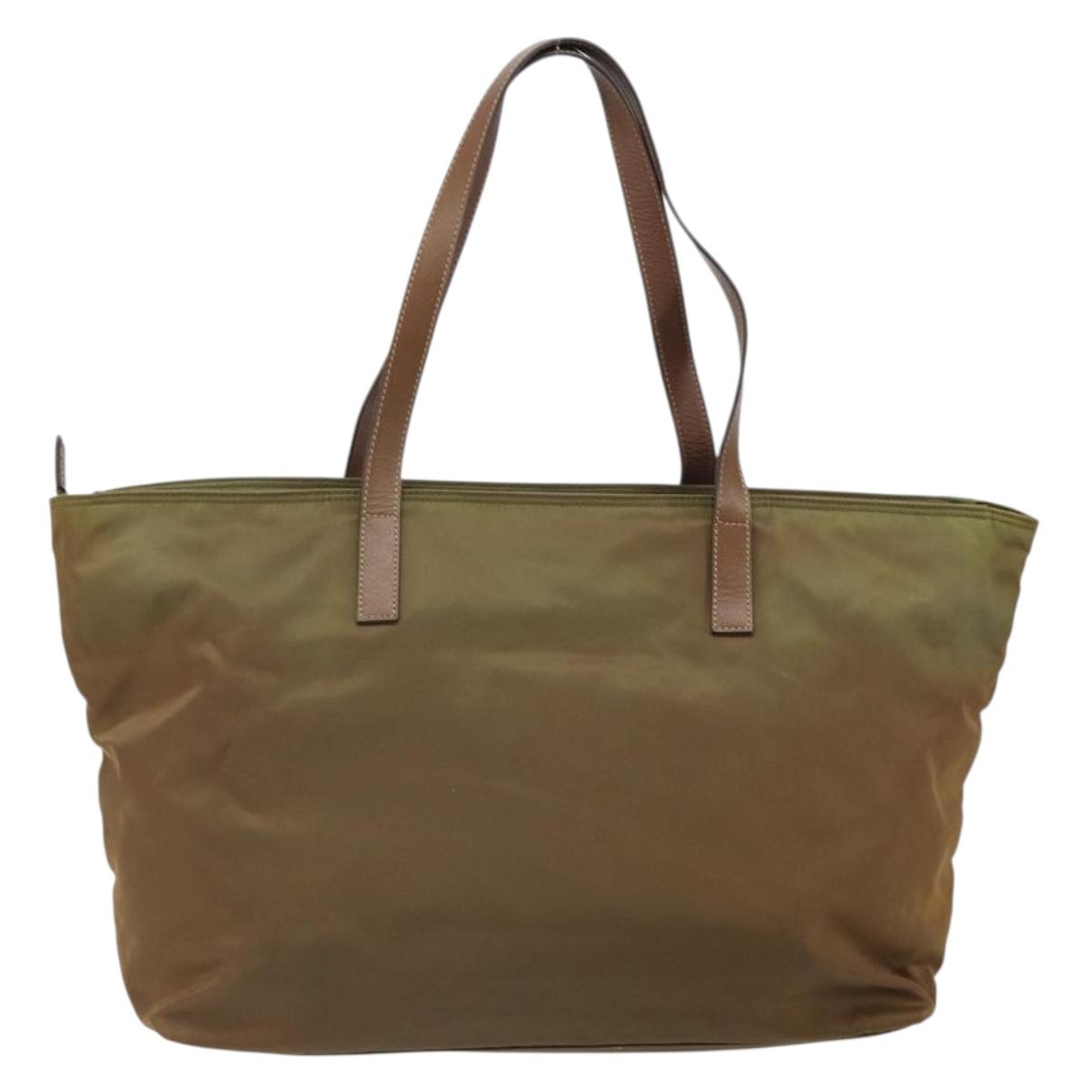 PRADA Tote Bag Nylon Khaki Silver Auth 166690