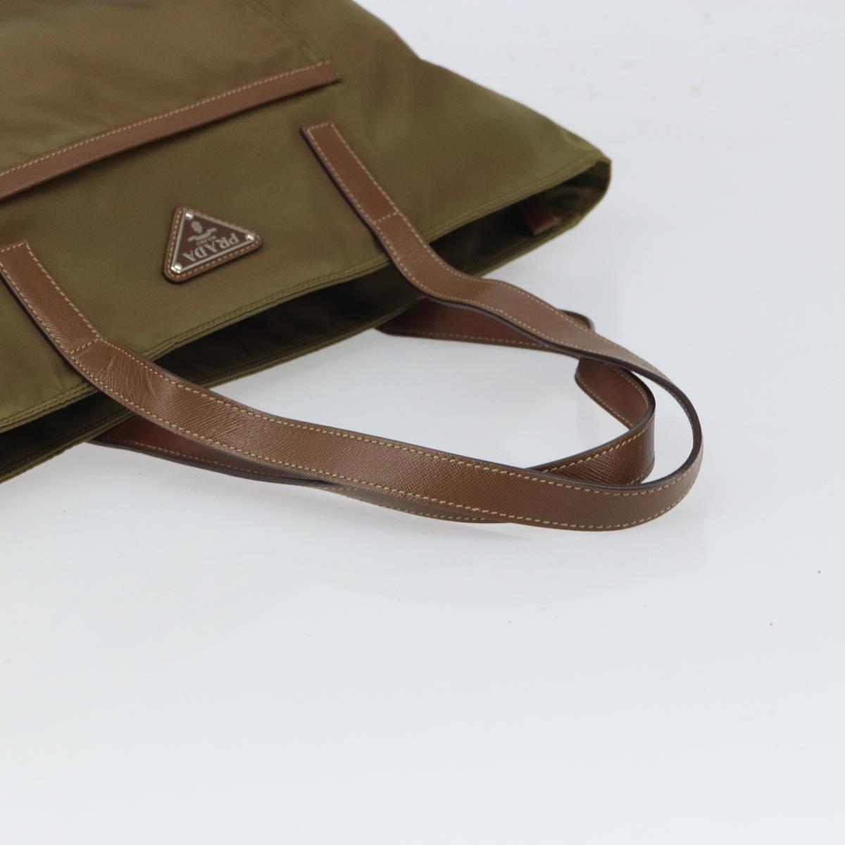 PRADA Tote Bag Nylon Khaki Silver Auth 166690