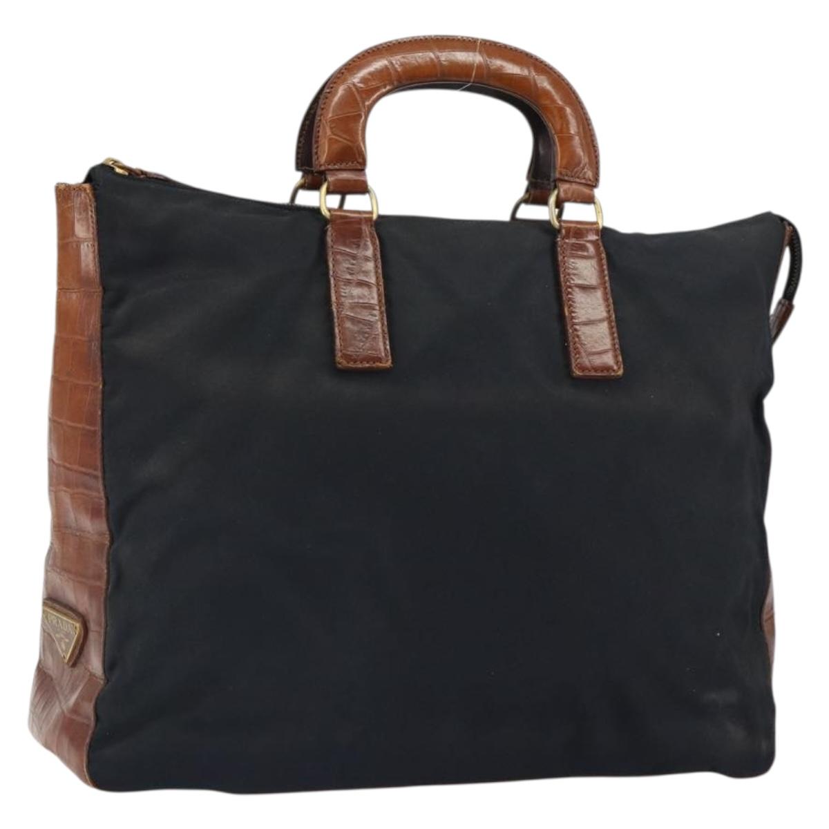 PRADA Hand Bag Nylon Leather Black Silver Auth 166695