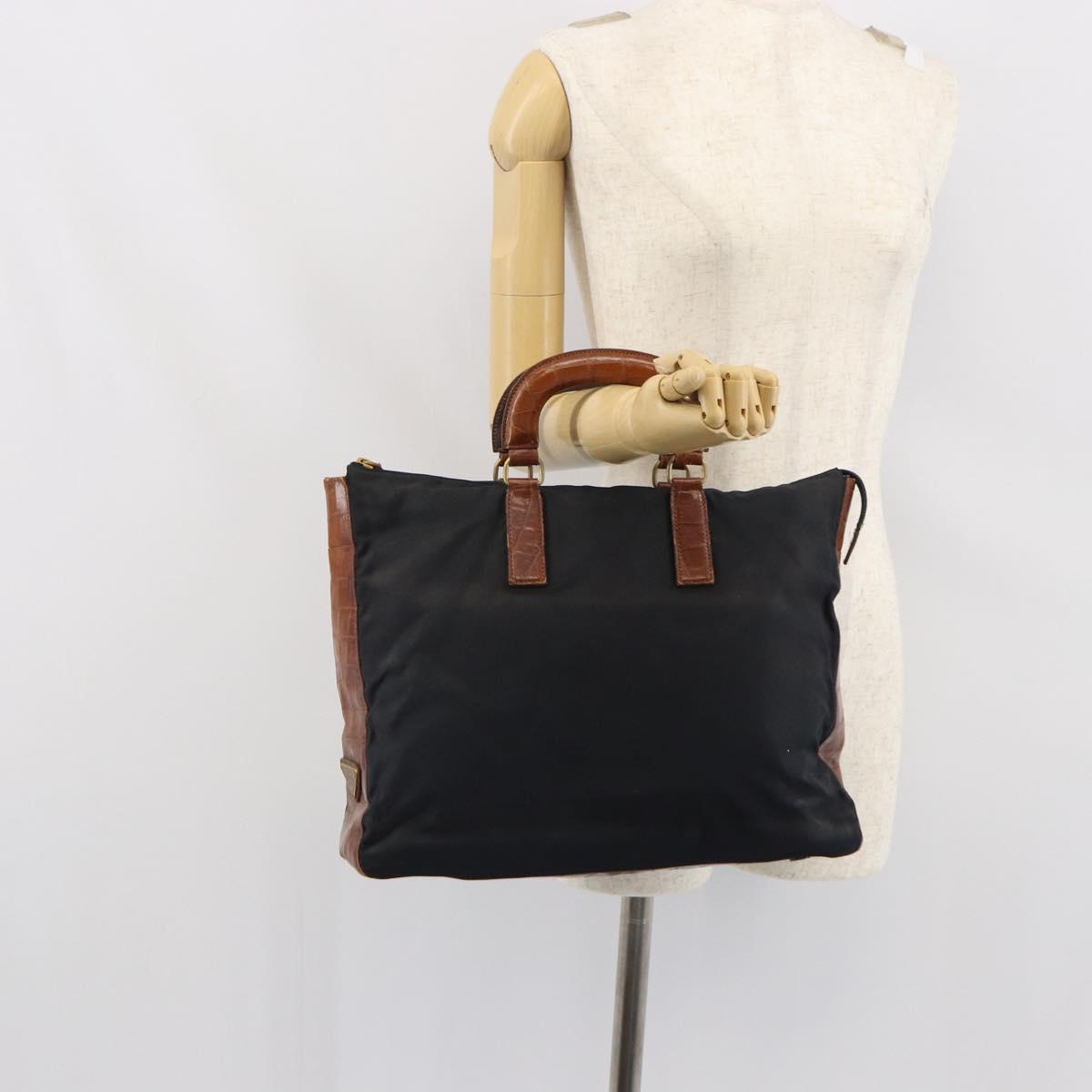 PRADA Hand Bag Nylon Leather Black Silver Auth 166695