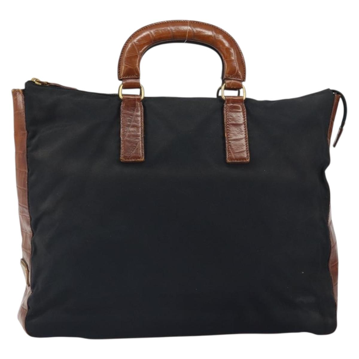 PRADA Hand Bag Nylon Leather Black Silver Auth 166695