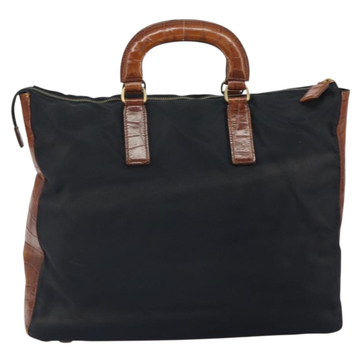 PRADA Hand Bag Nylon Leather Black Silver Auth 166695