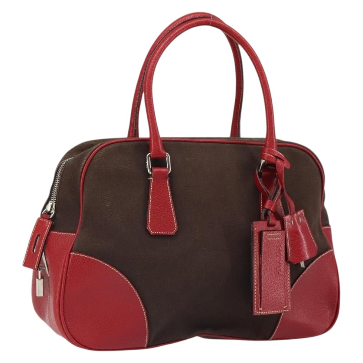 PRADA Hand Bag Canvas Silver Brown Auth 166697