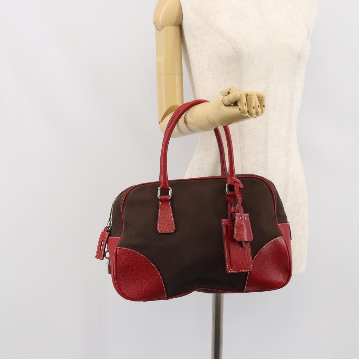 PRADA Hand Bag Canvas Silver Brown Auth 166697