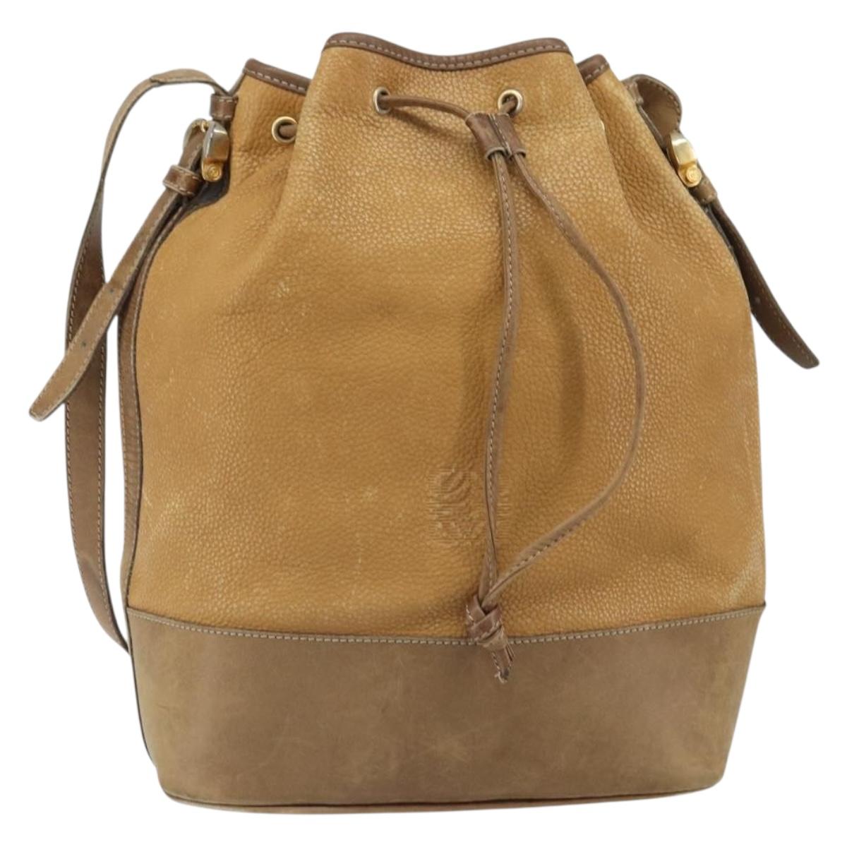 LOEWE Anagram Shoulder Bag Leather Beige Gold Auth 166704