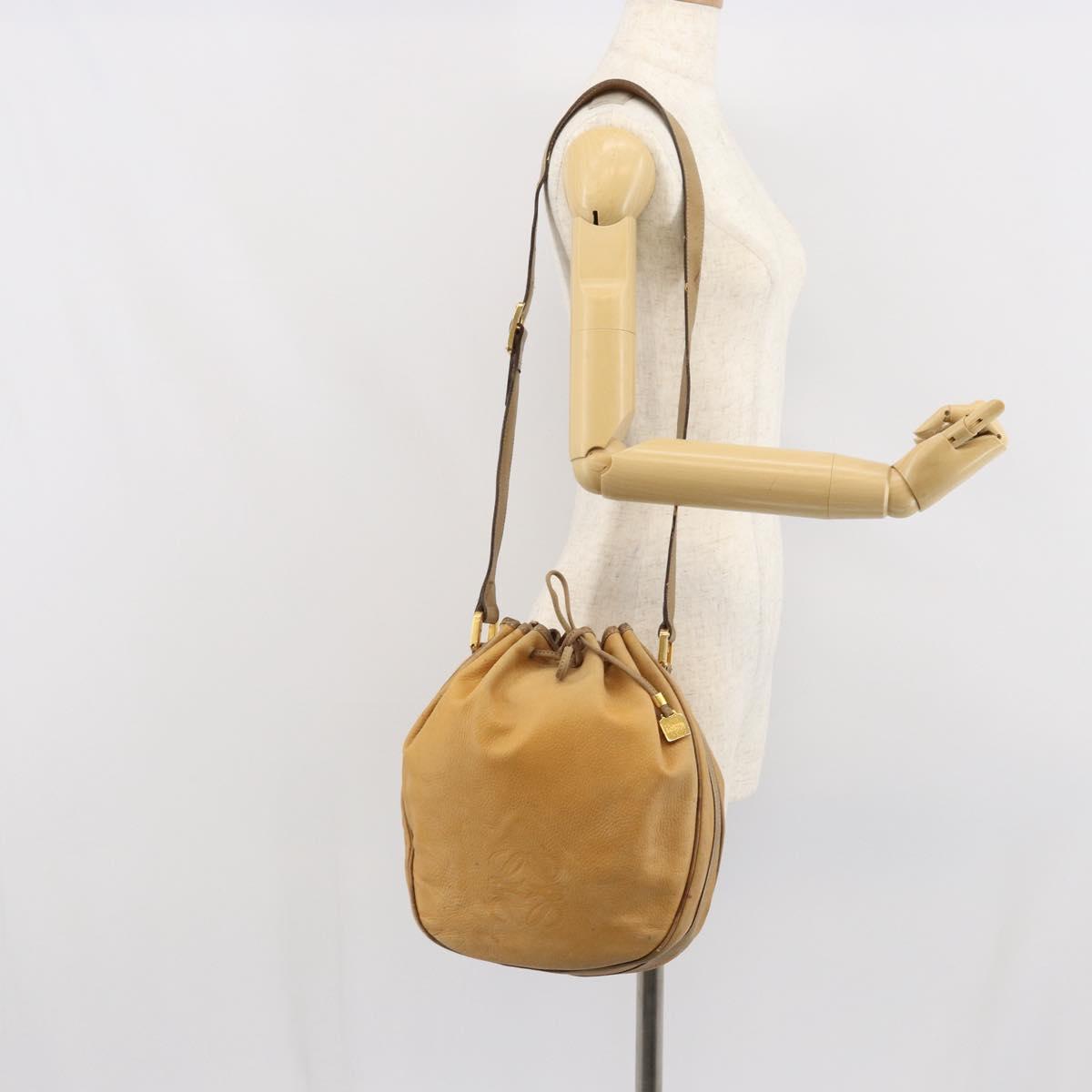 LOEWE Anagram Shoulder Bag Leather Beige Gold Auth 166705