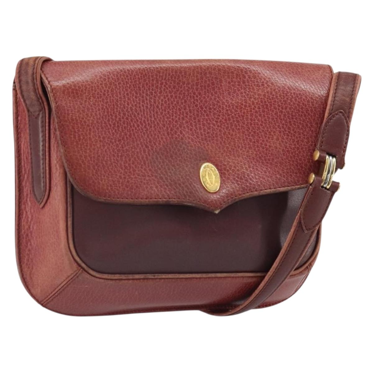 CARTIER Must Line Shoulder Bag Leather Bordeaux Gold Auth 166713