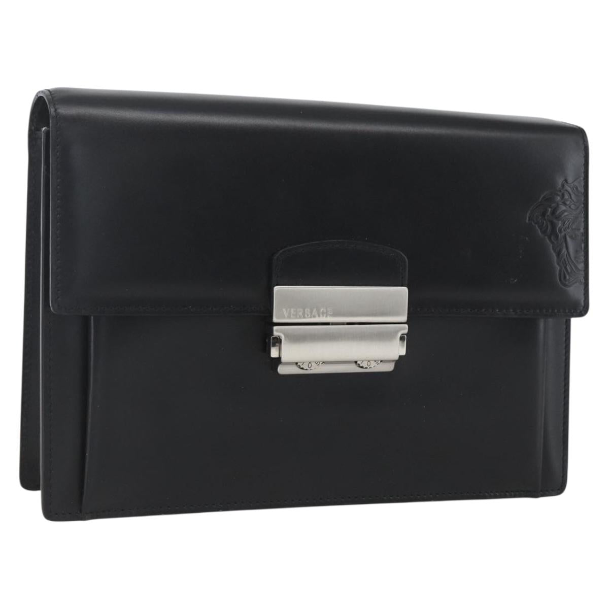 VERSACE Clutch Bag Leather Black Silver Auth 166718
