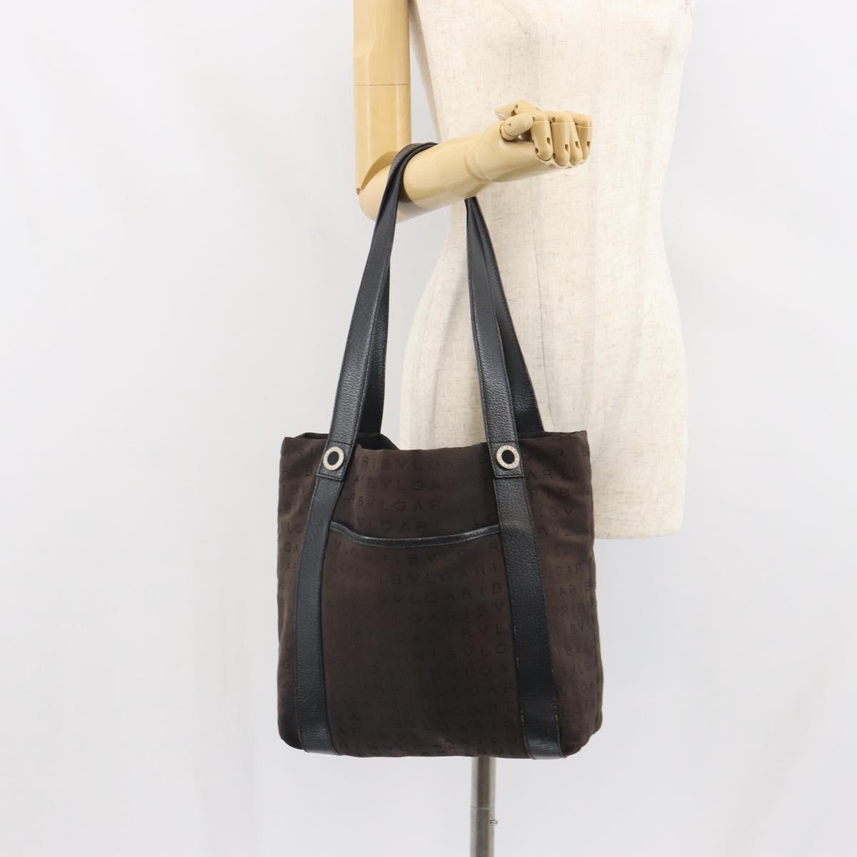 BVLGARI Logo Mania Tote Bag Canvas Black Silver Auth 166723