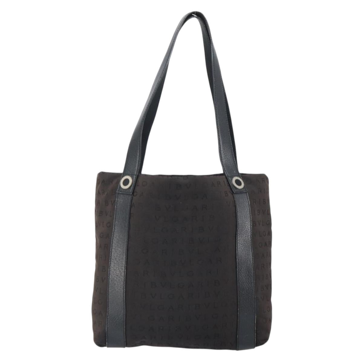 BVLGARI Logo Mania Tote Bag Canvas Black Silver Auth 166723