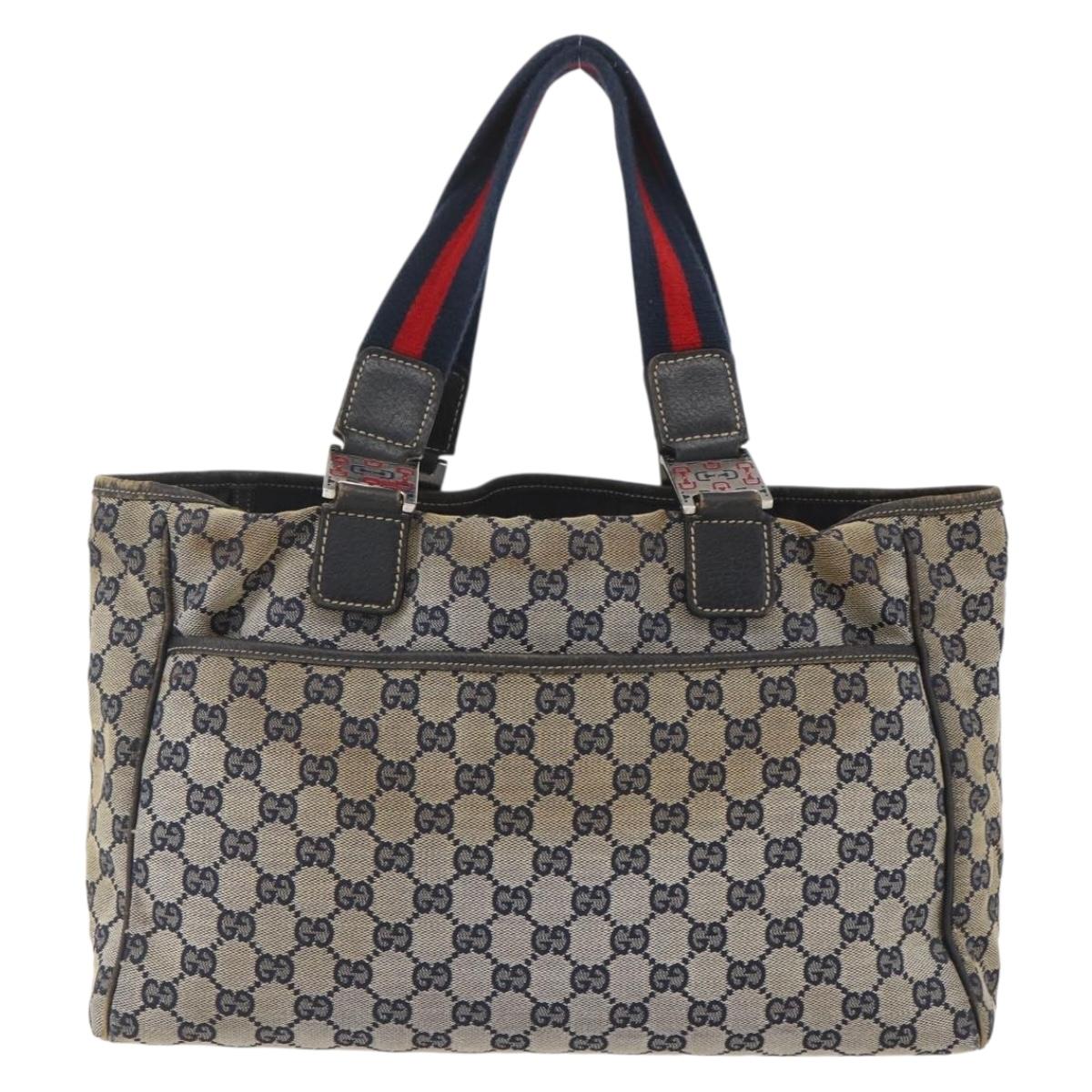 GUCCI GG Canvas Sherry Line Tote Bag Navy Red 145758 Auth 166735