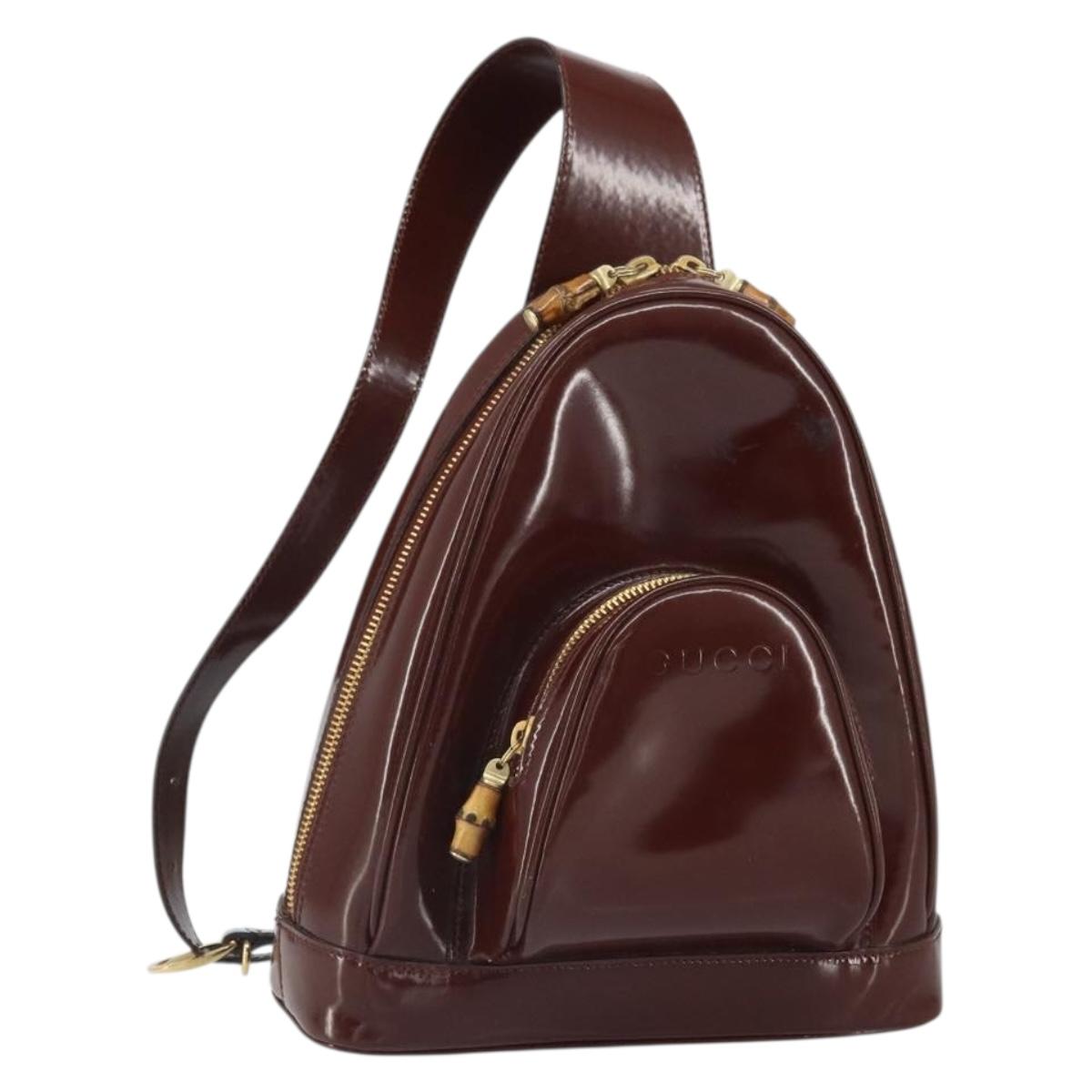 GUCCI Bamboo Backpack Patent leather Brown Gold 003 3444 0127 Auth 166740