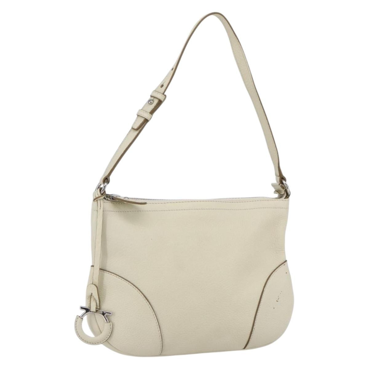 Salvatore Ferragamo Gancini Shoulder Bag Leather Silver White Auth 166742