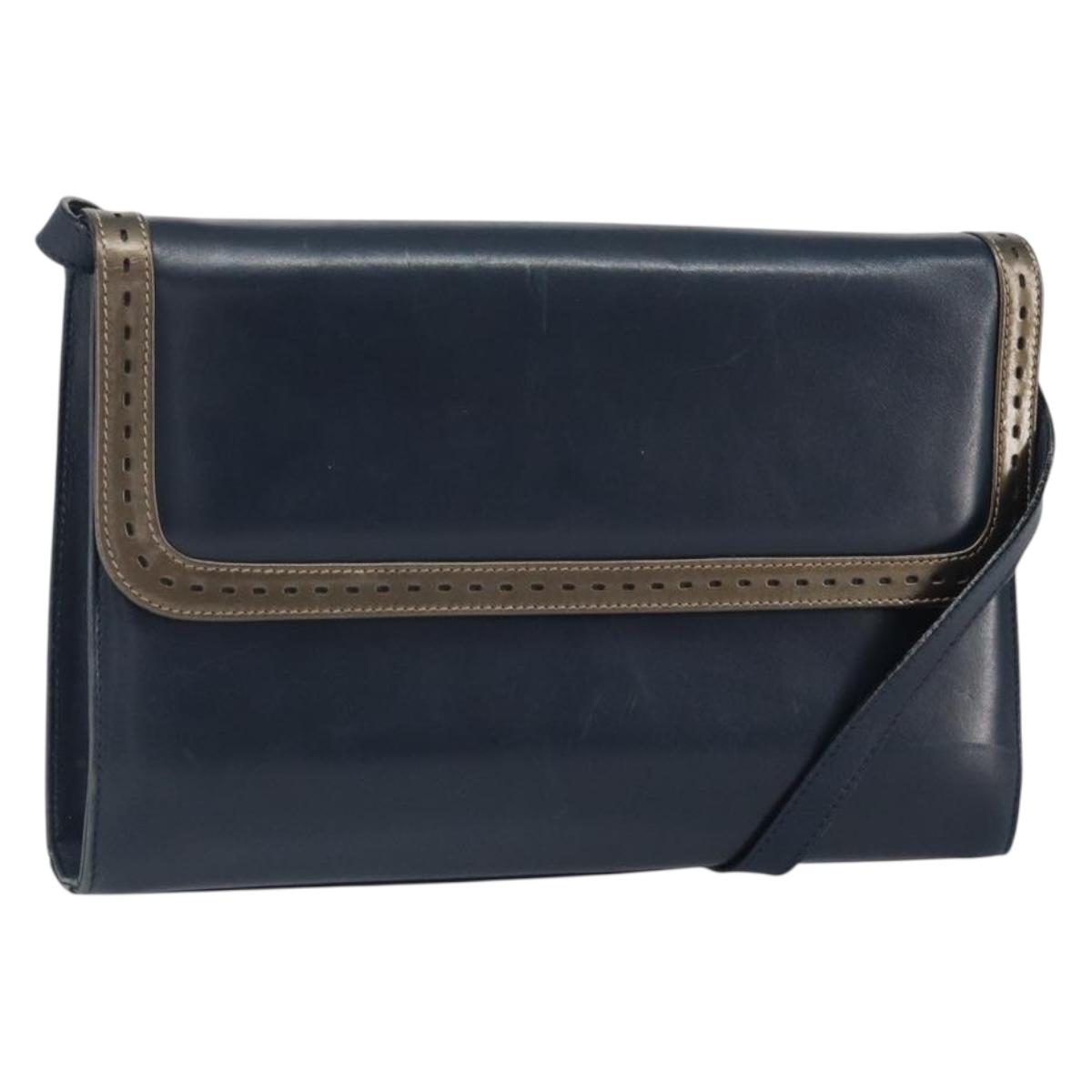 Salvatore Ferragamo Shoulder Bag Leather Navy Gold Auth 166744