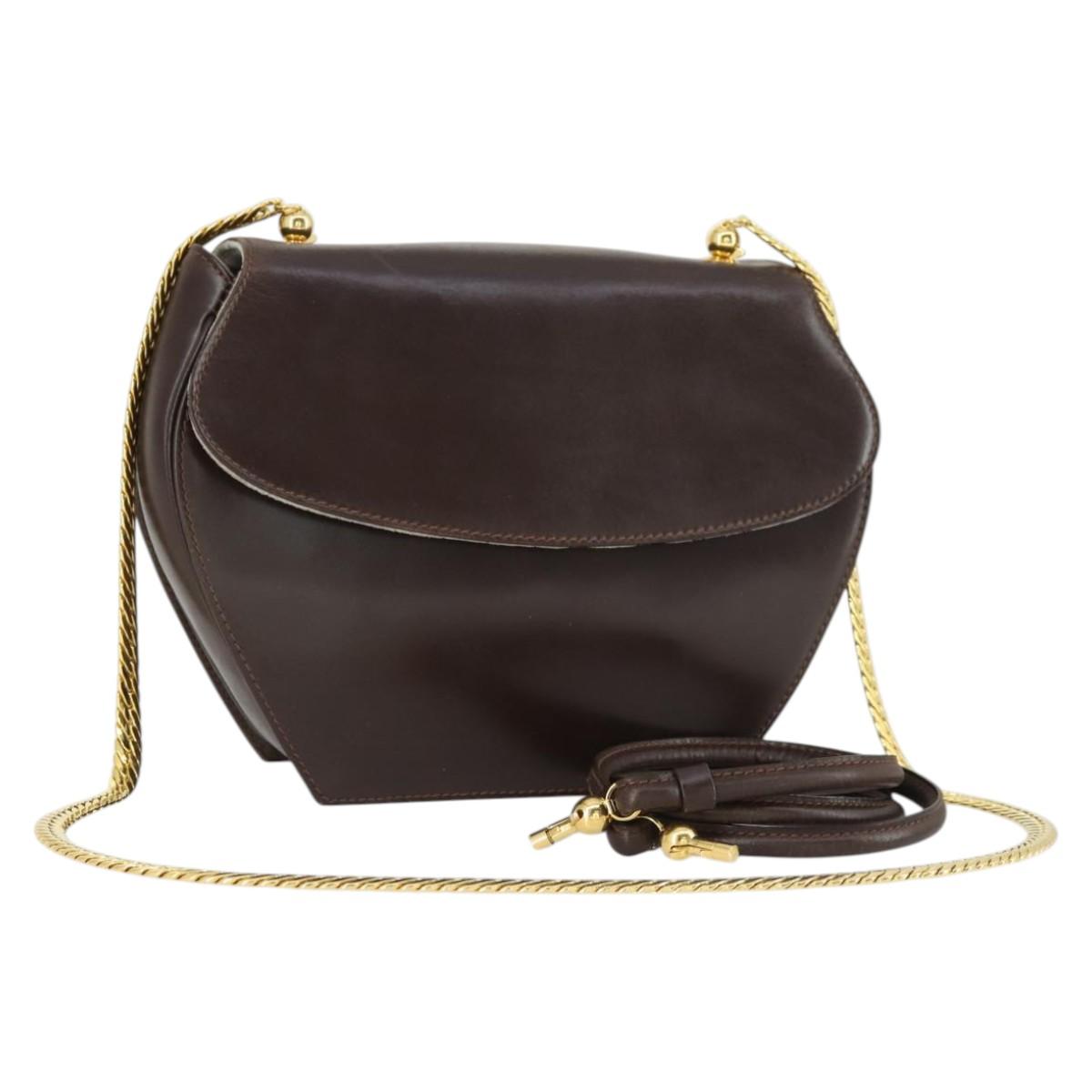 GUCCI Chain Shoulder Bag Leather Brown Gold Auth 166746