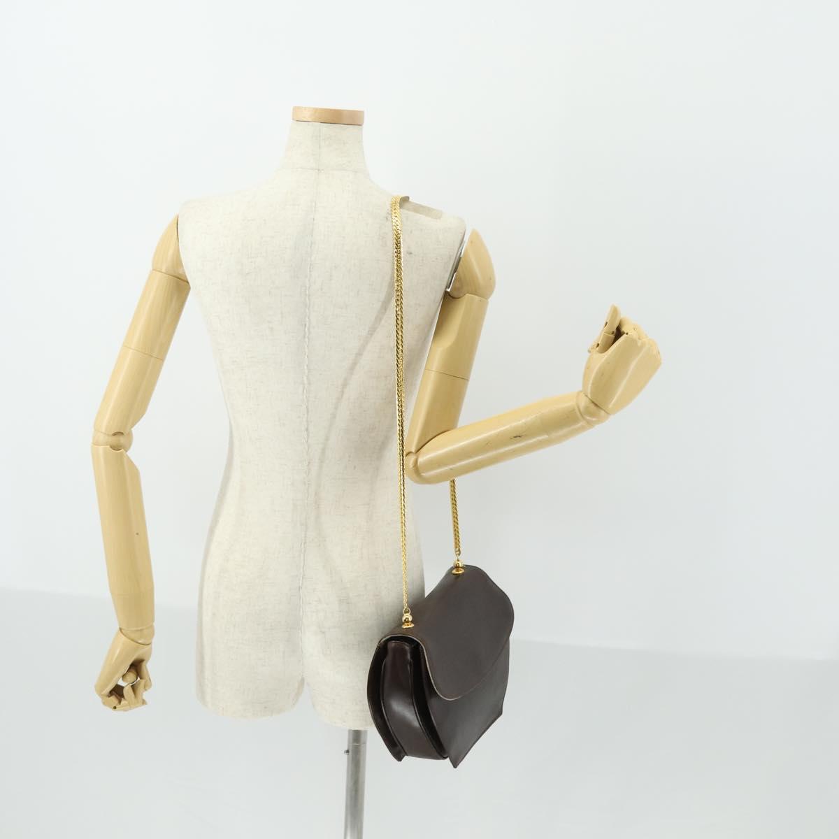GUCCI Chain Shoulder Bag Leather Brown Gold Auth 166746