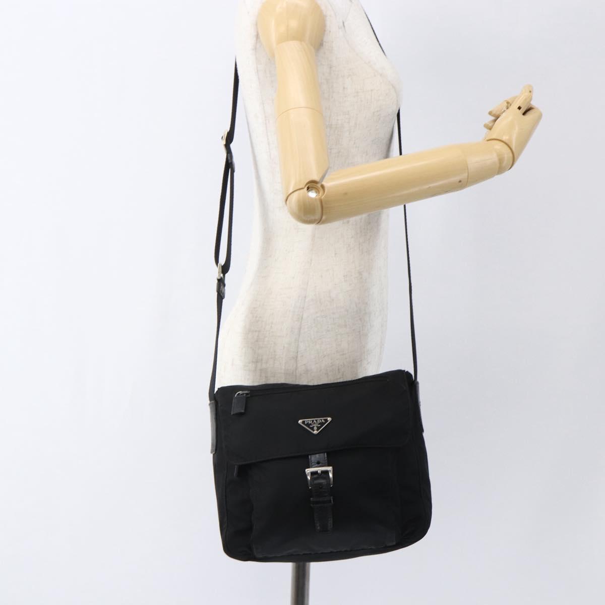 PRADA Shoulder Bag Nylon Black Silver Auth 166748