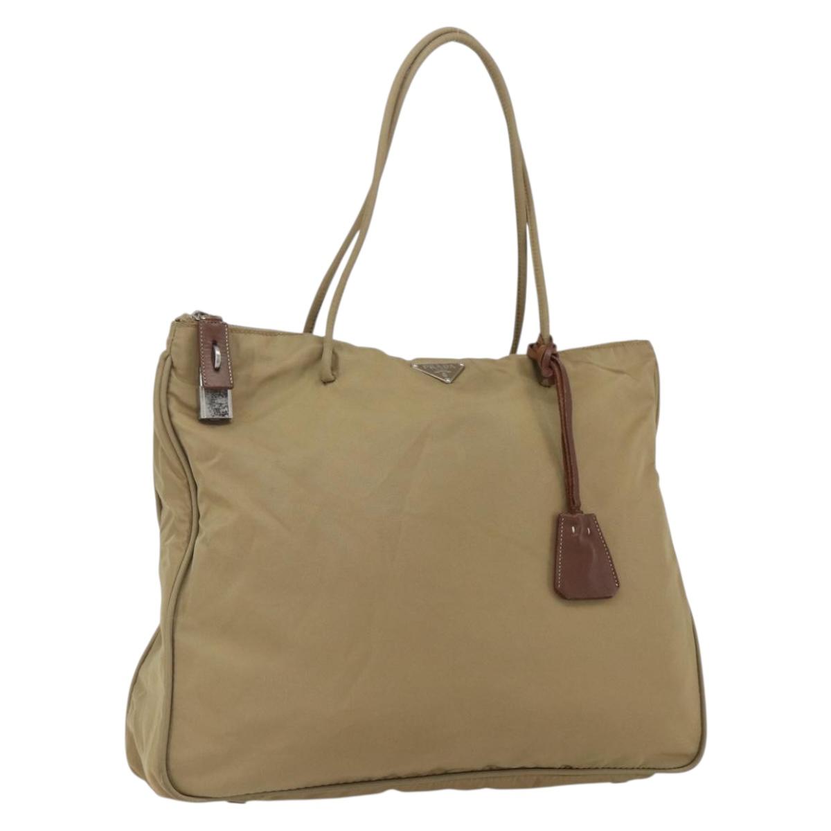 PRADA Tote Bag Nylon Beige Silver Auth 166751