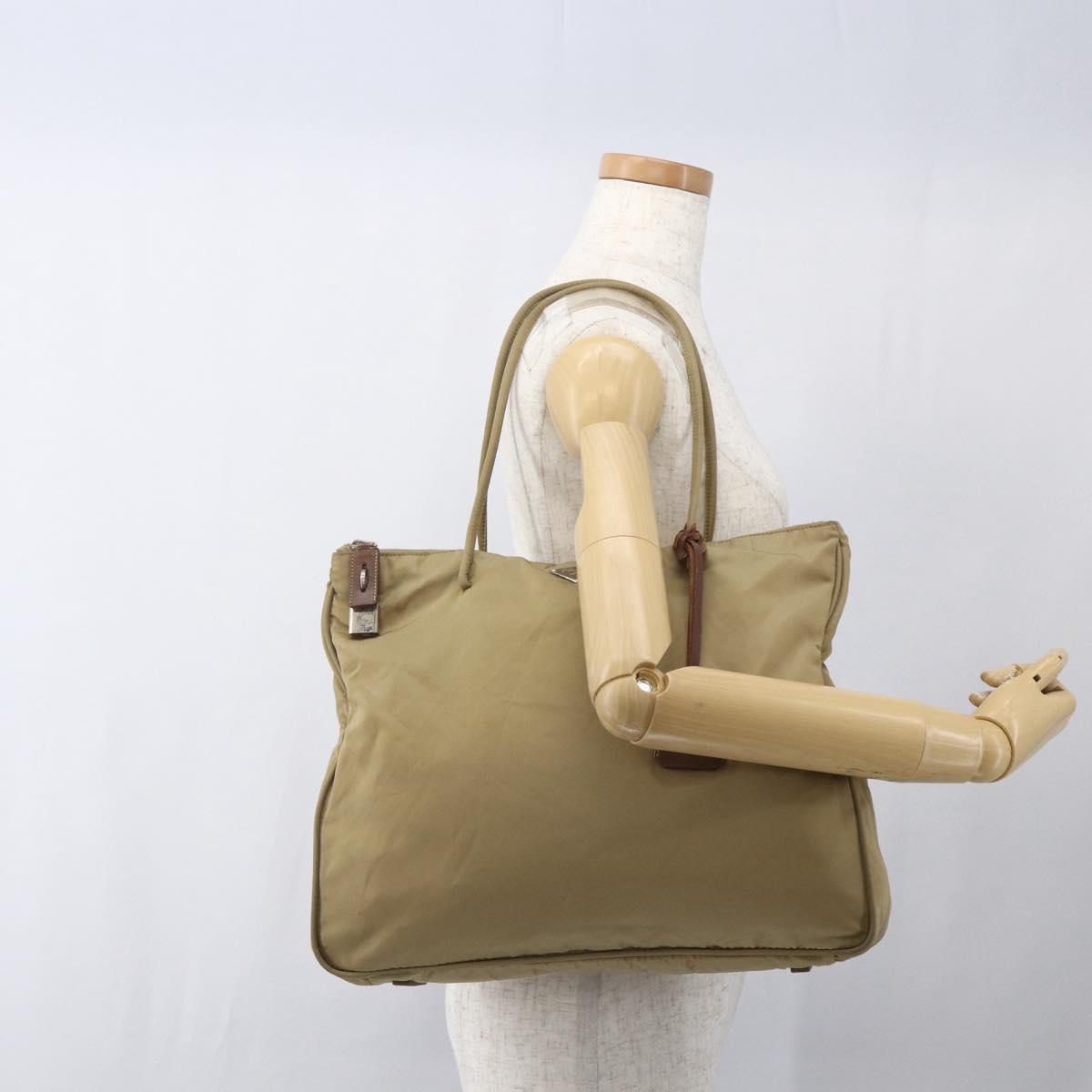 PRADA Tote Bag Nylon Beige Silver Auth 166751