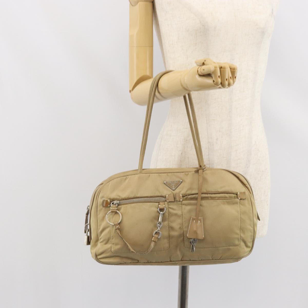 PRADA Hand Bag Nylon Beige Silver Auth 166752