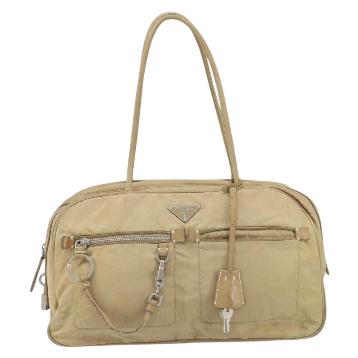 PRADA Hand Bag Nylon Beige Silver Auth 166752