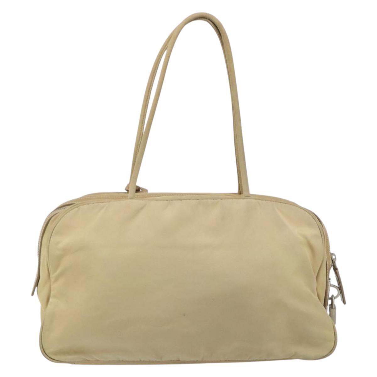 PRADA Hand Bag Nylon Beige Silver Auth 166752