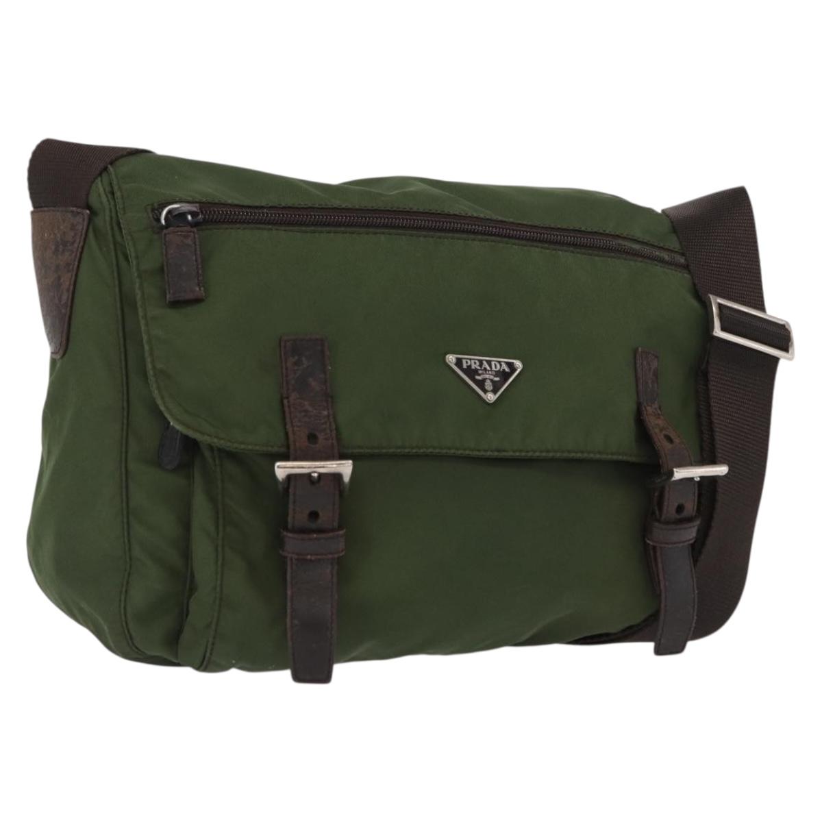 PRADA Shoulder Bag Nylon Khaki Silver Auth 166755