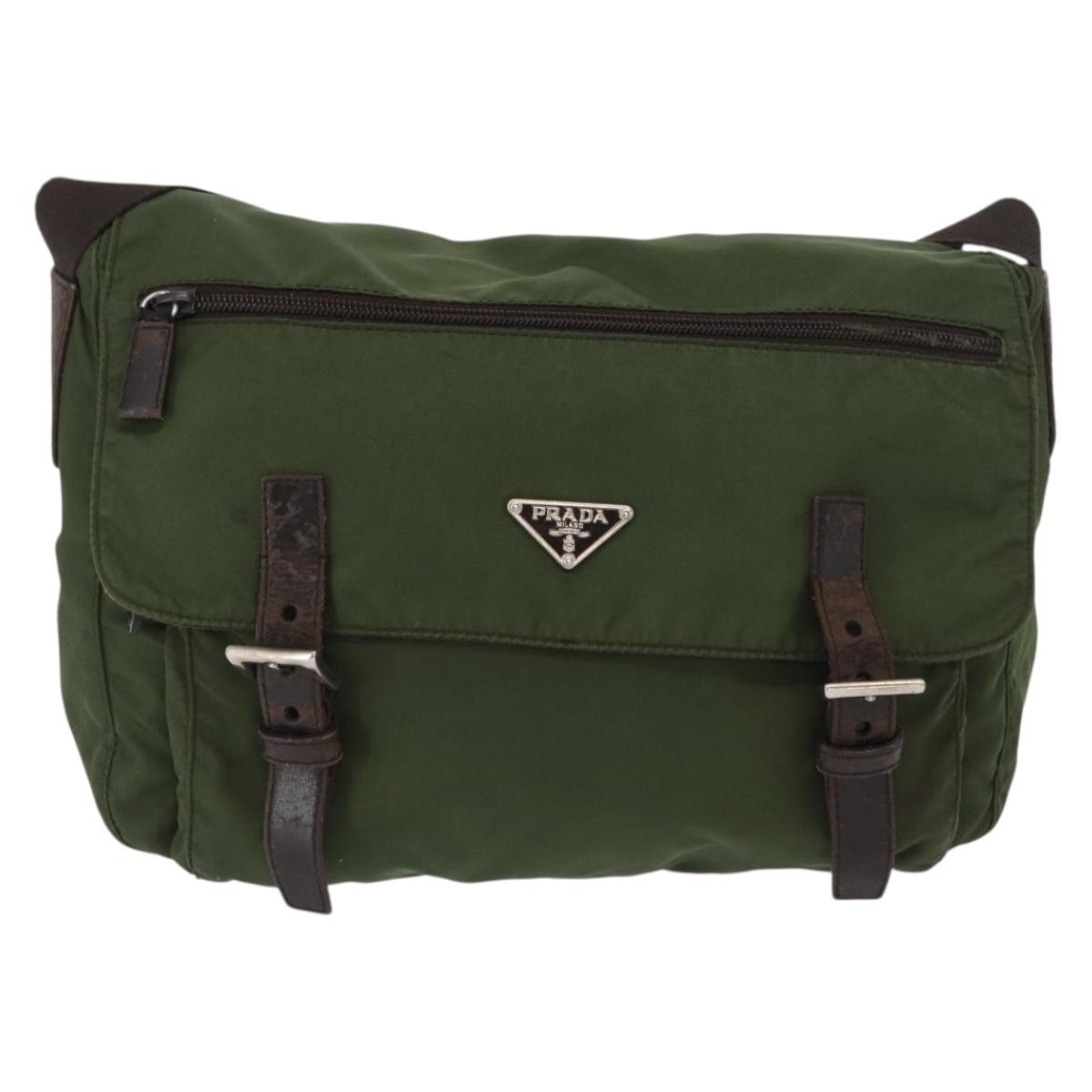 PRADA Shoulder Bag Nylon Khaki Silver Auth 166755
