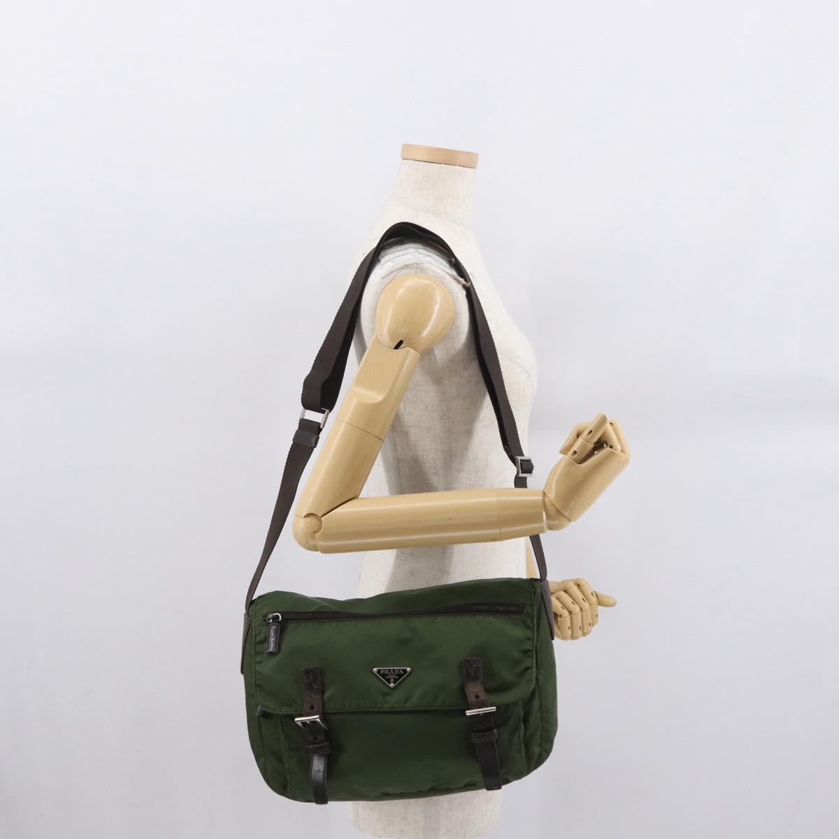 PRADA Shoulder Bag Nylon Khaki Silver Auth 166755
