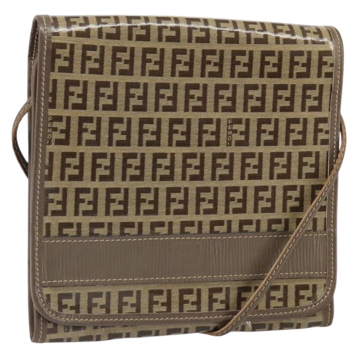 FENDI Zucchino Canvas Shoulder Bag Beige Auth 166774