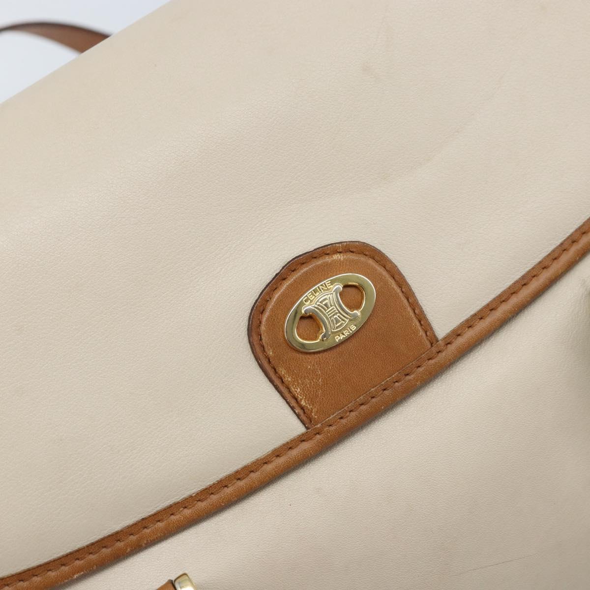 CELINE Hand Bag Leather White Gold Auth 166779